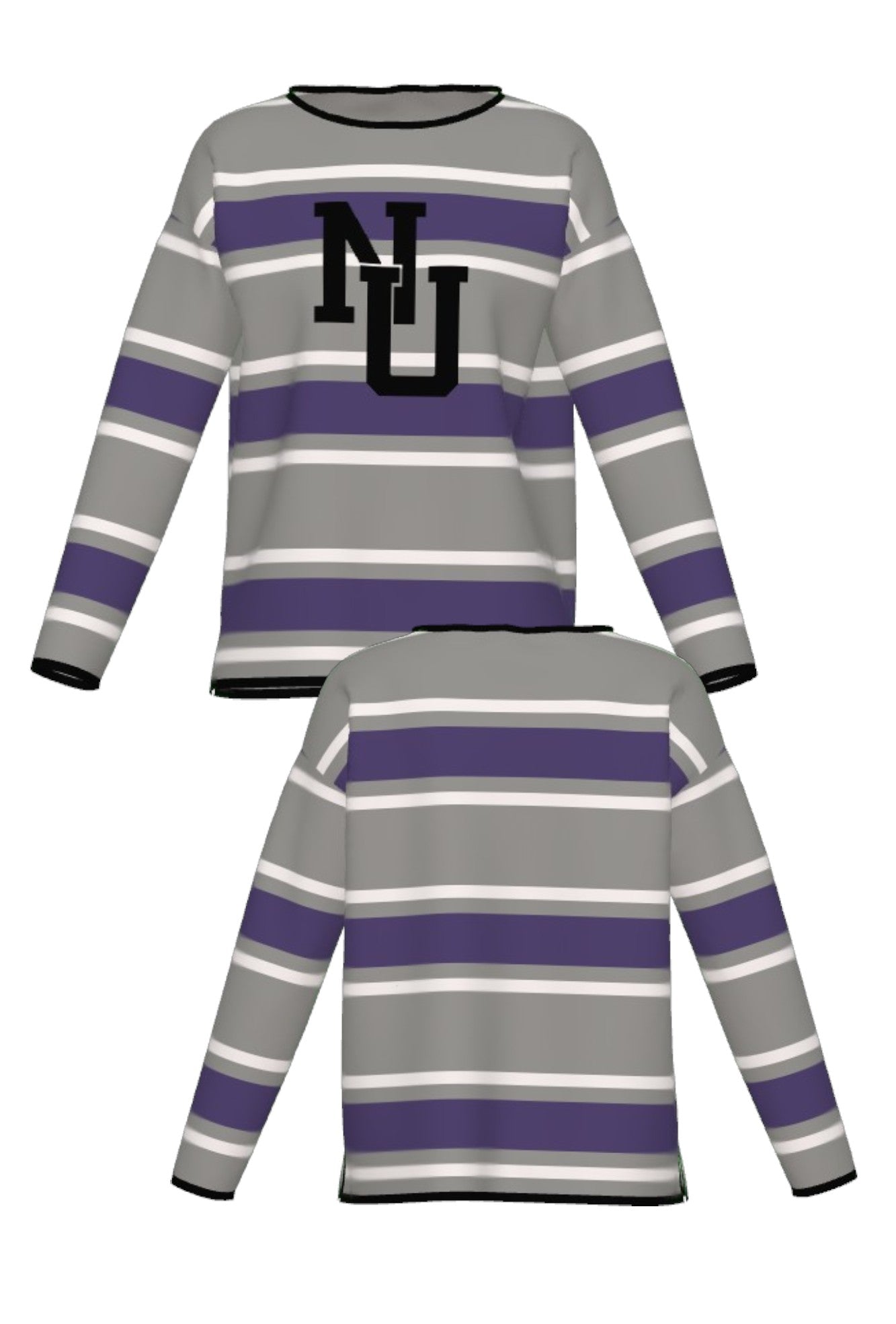 Northwestern University Powerstripe Rugby Women's Knit Sweater in Grey, White and Purple stripes with Black trim and Black interlock NU – SOUNDOFF FRONT and BACK
