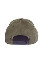 Back view of olive and tobacco five-panel snapback hat showing adjustable strap and closure.
