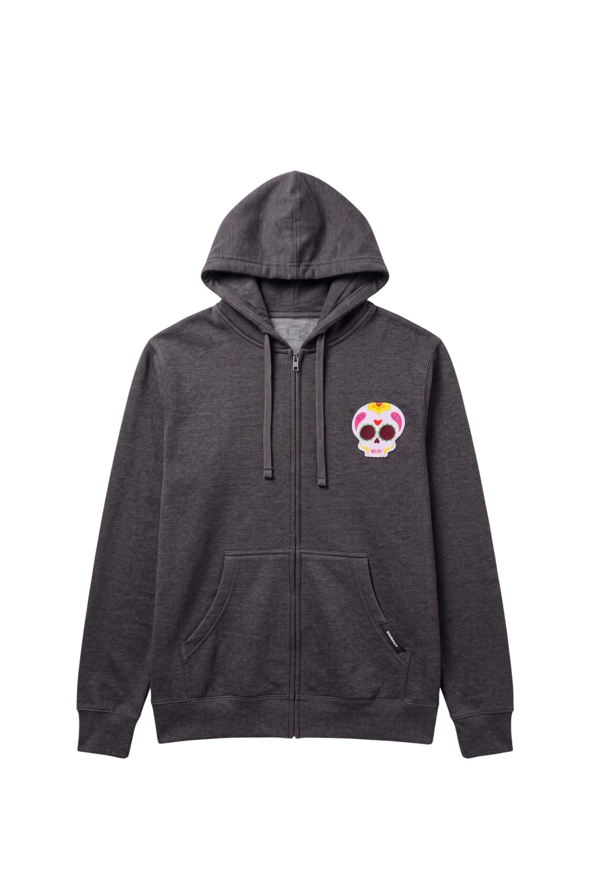 Front view of a charcoal heather zip-front hoodie featuring an intricately detailed 3.25-inch embroidered Mexican Sugar Skull patch on the left chest and split kangaroo pockets.
