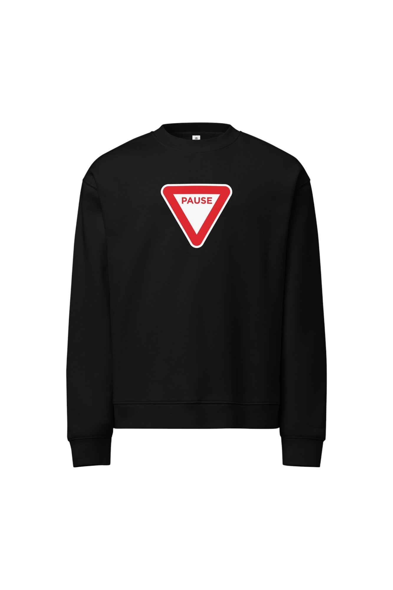 Black crewneck fleece sweatshirt with a center chest red triangle yield sign logo with 'pause' typography on a white background