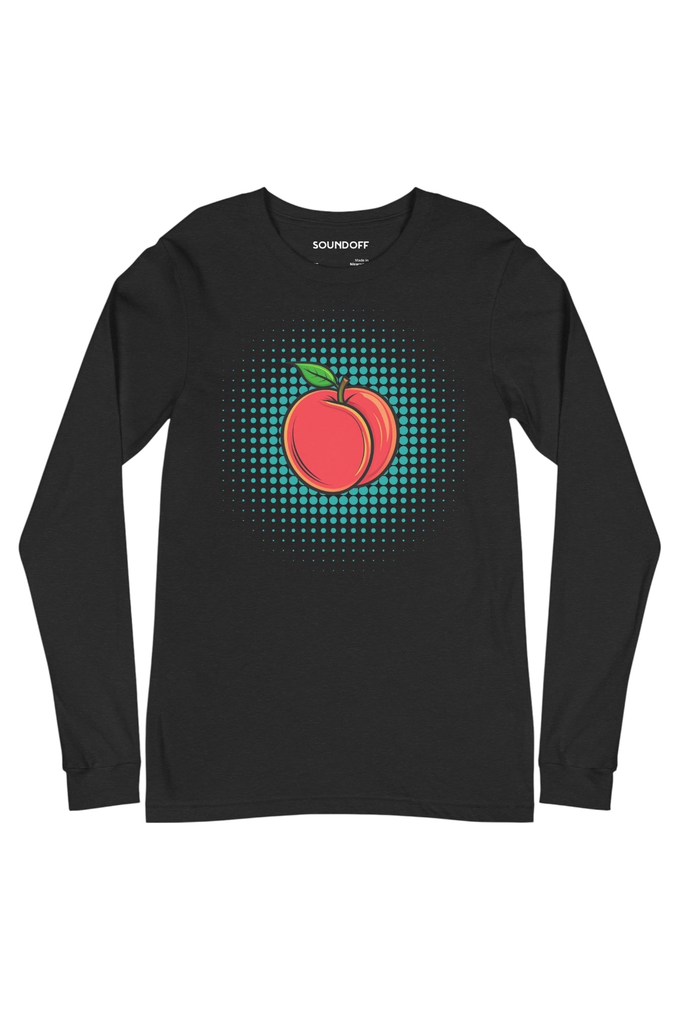 Front view of Peach Pop long sleeve t-shirt in black, peach pop art graphic on chest by SOUNDOFF