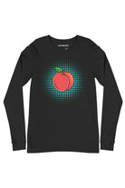 Front view of Peach Pop long sleeve t-shirt in black, peach pop art graphic on chest by SOUNDOFF