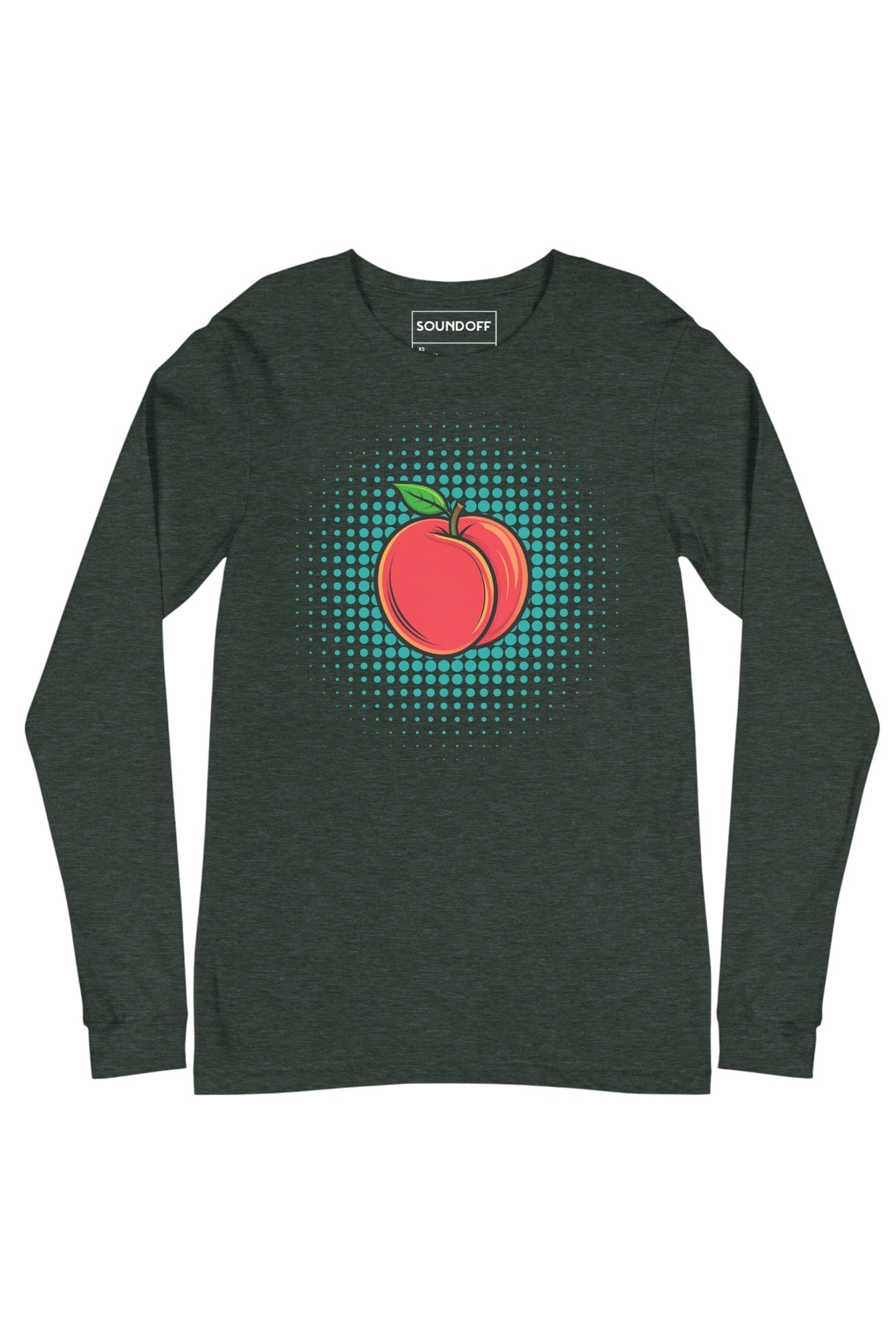 Front view of Peach Pop long sleeve t-shirt in green, peach pop art graphic on chest by SOUNDOFF