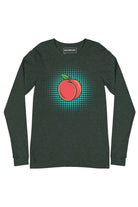Front view of Peach Pop long sleeve t-shirt in green, peach pop art graphic on chest by SOUNDOFF