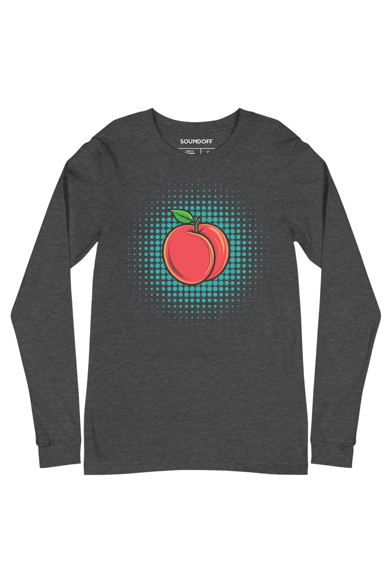 Front view of Peach Pop long sleeve t-shirt in gray, peach pop art graphic on chest by SOUNDOFF