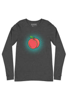 Front view of Peach Pop long sleeve t-shirt in gray, peach pop art graphic on chest by SOUNDOFF