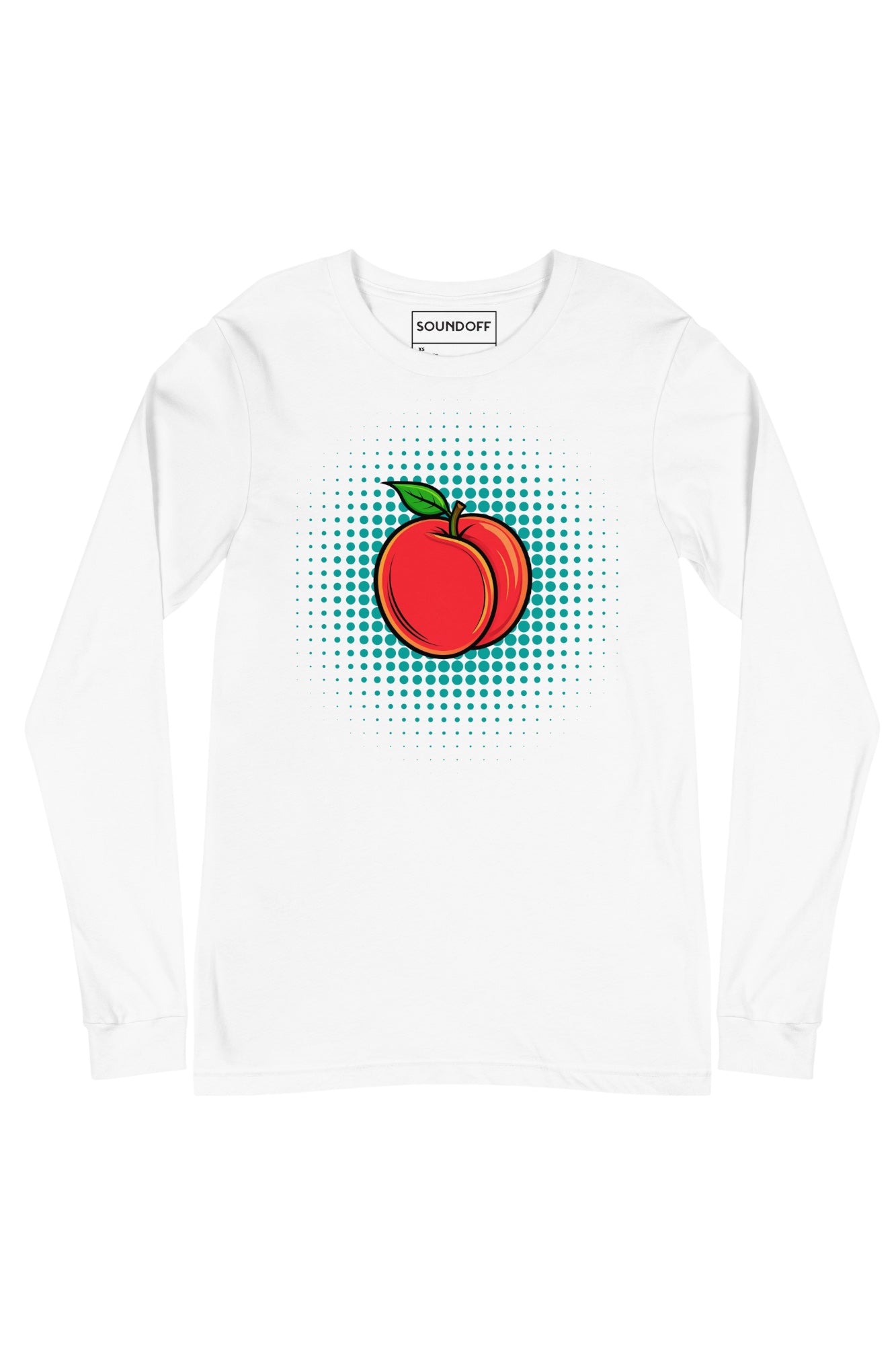 Front view of Peach Pop long sleeve t-shirt in white, peach pop art graphic on chest by SOUNDOFF