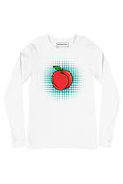 Front view of Peach Pop long sleeve t-shirt in white, peach pop art graphic on chest by SOUNDOFF