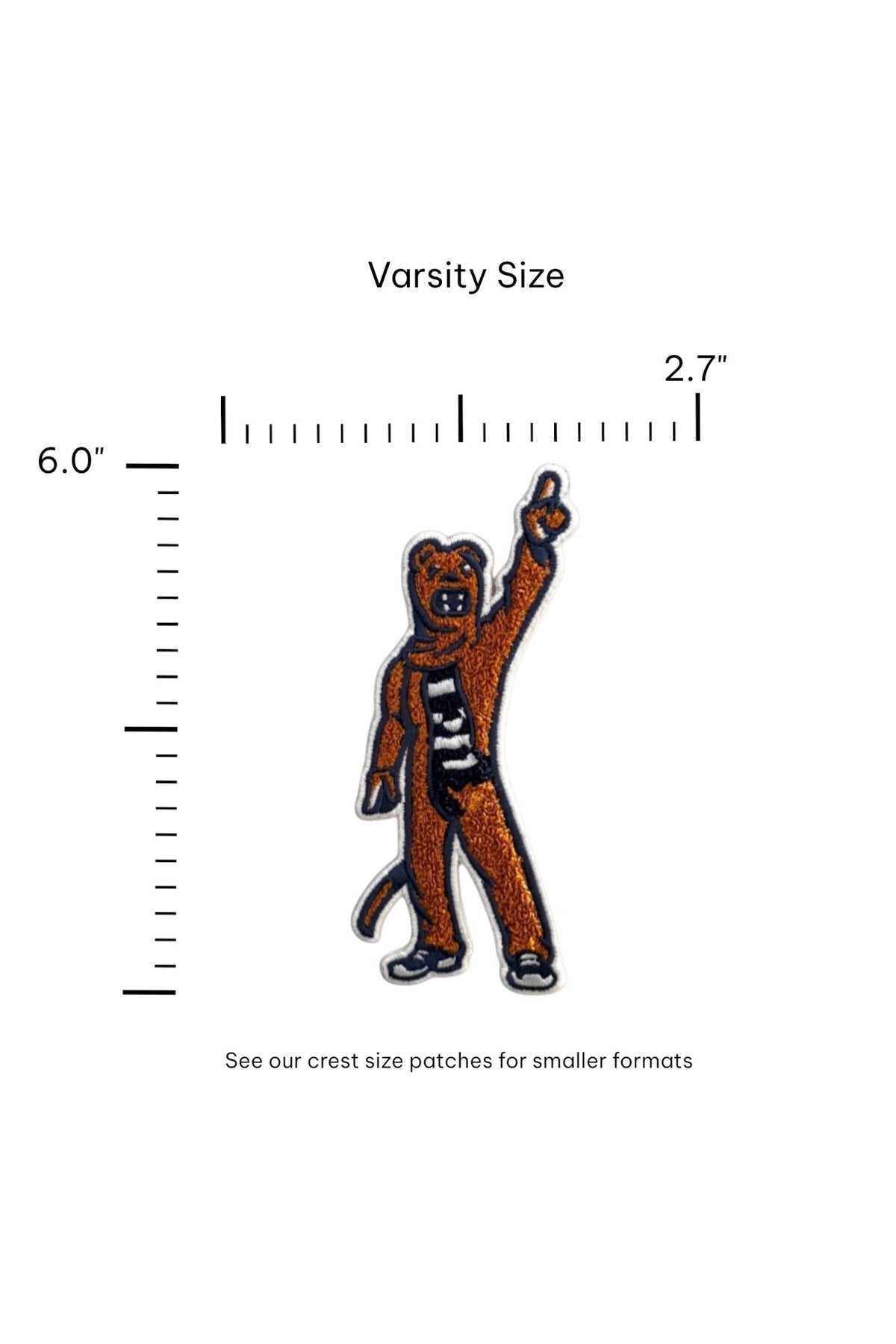 Penn State Nittany Lion mascot chenille varsity patch in brown, navy and white sewn onto custom knitwear FRONT size