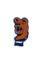 Penn State Nittany Lion head chenille varsity patch with scarf in brown, navy and white sewn onto a custom sweater FRONT