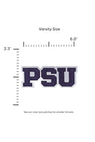 Penn State PSU varsity embroidered patch in navy and white sewn onto custom collegiate knitwear FRONT size