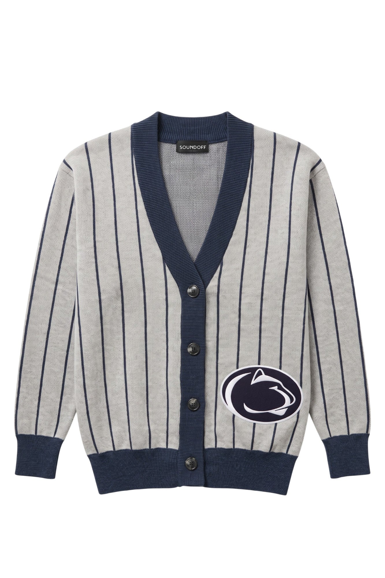 Penn State University Nittany Lion logo embroidered iron-on varsity patch in blue and white sewn onto lower left front side of light grey cardigan with navy pinstripes and trim.