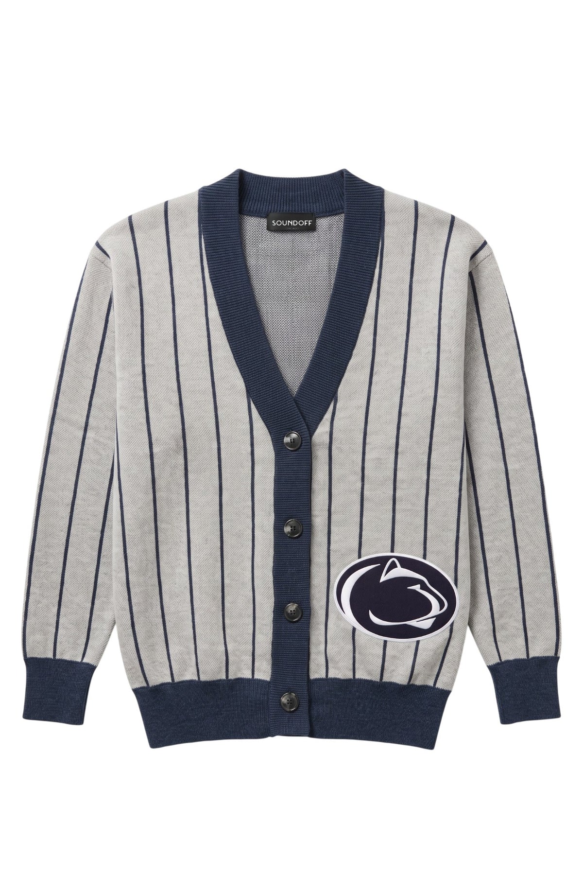 Penn State University Nittany Lion logo embroidered iron-on varsity patch in blue and white sewn onto lower left front side of light grey cardigan with navy pinstripes and trim.