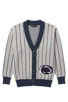Penn State University Nittany Lion logo embroidered iron-on varsity patch in blue and white sewn onto lower left front side of light grey cardigan with navy pinstripes and trim.
