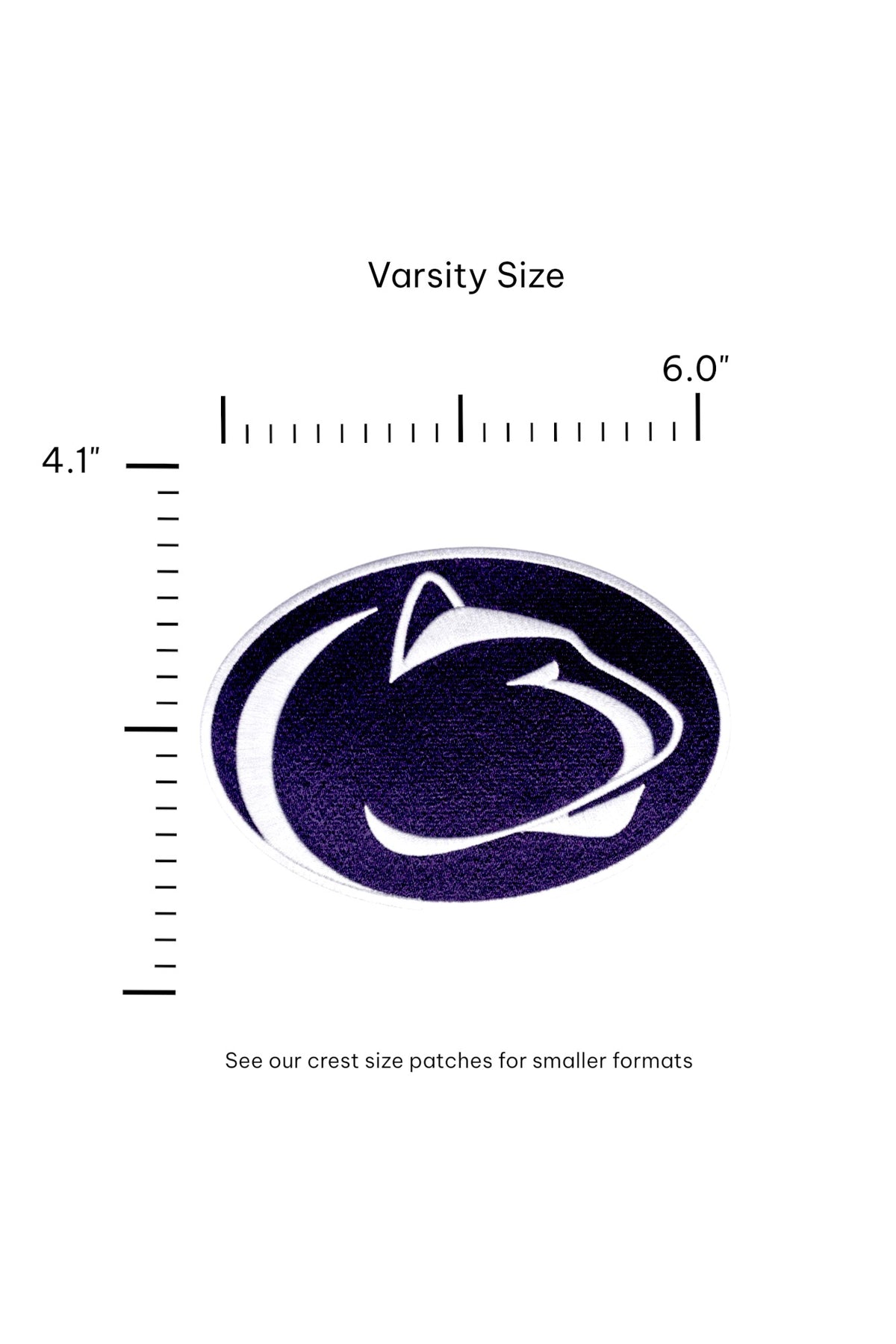 Penn State University Nittany Lion logo embroidered iron-on varsity patch in blue and white - Front size 6.0 x 4.1