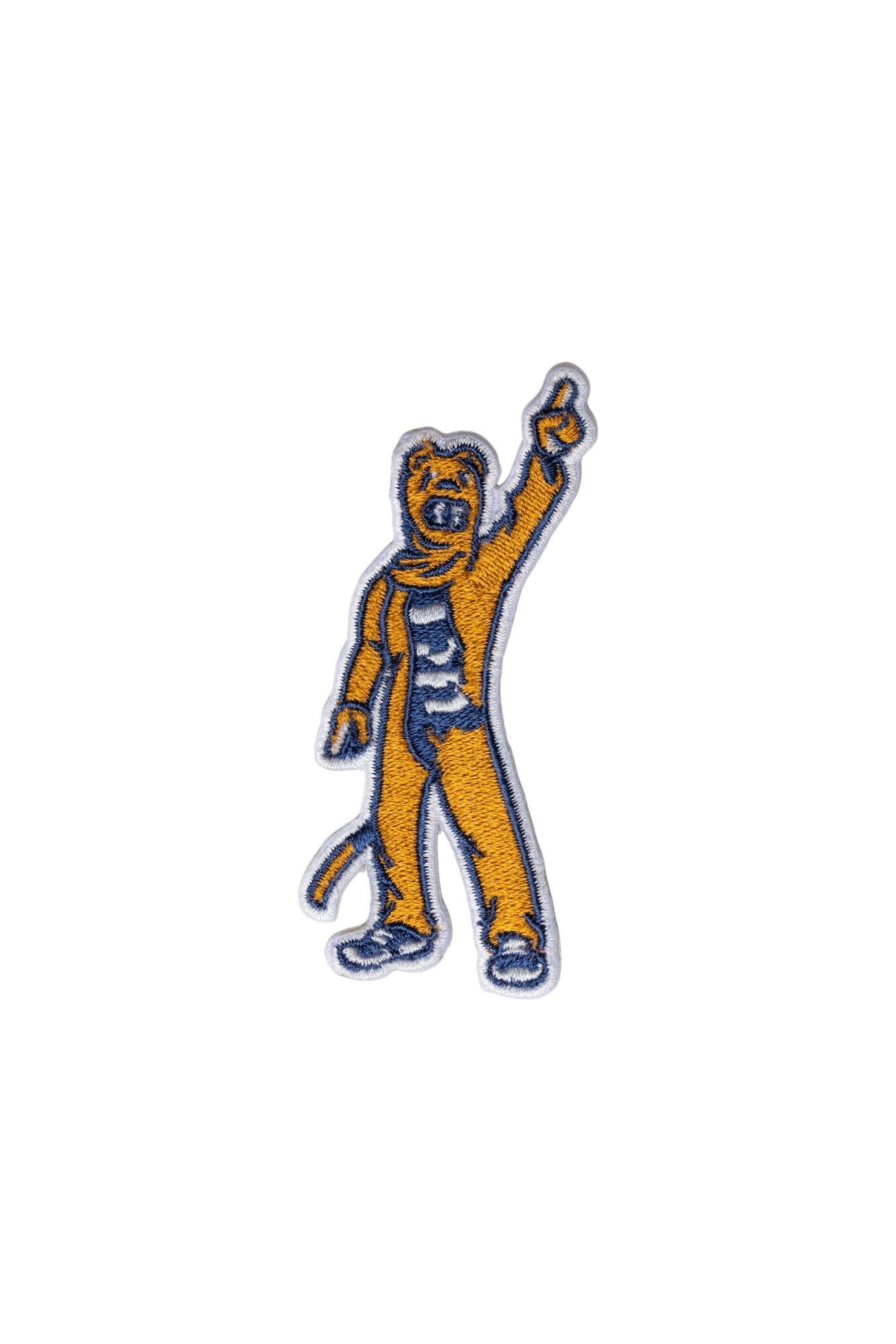 Penn State Nittany Lion mascot embroidered crest patch in brown, navy and white sewn onto custom knitwear FRONT