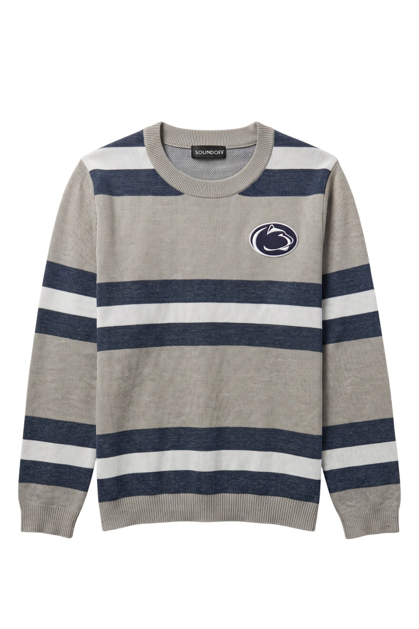 Penn State University Nittany Lion logo embroidered iron-on crest patch in blue and white sewn onto left chest of light grey classic crewneck knit sweater with navy and white rugby stripes.