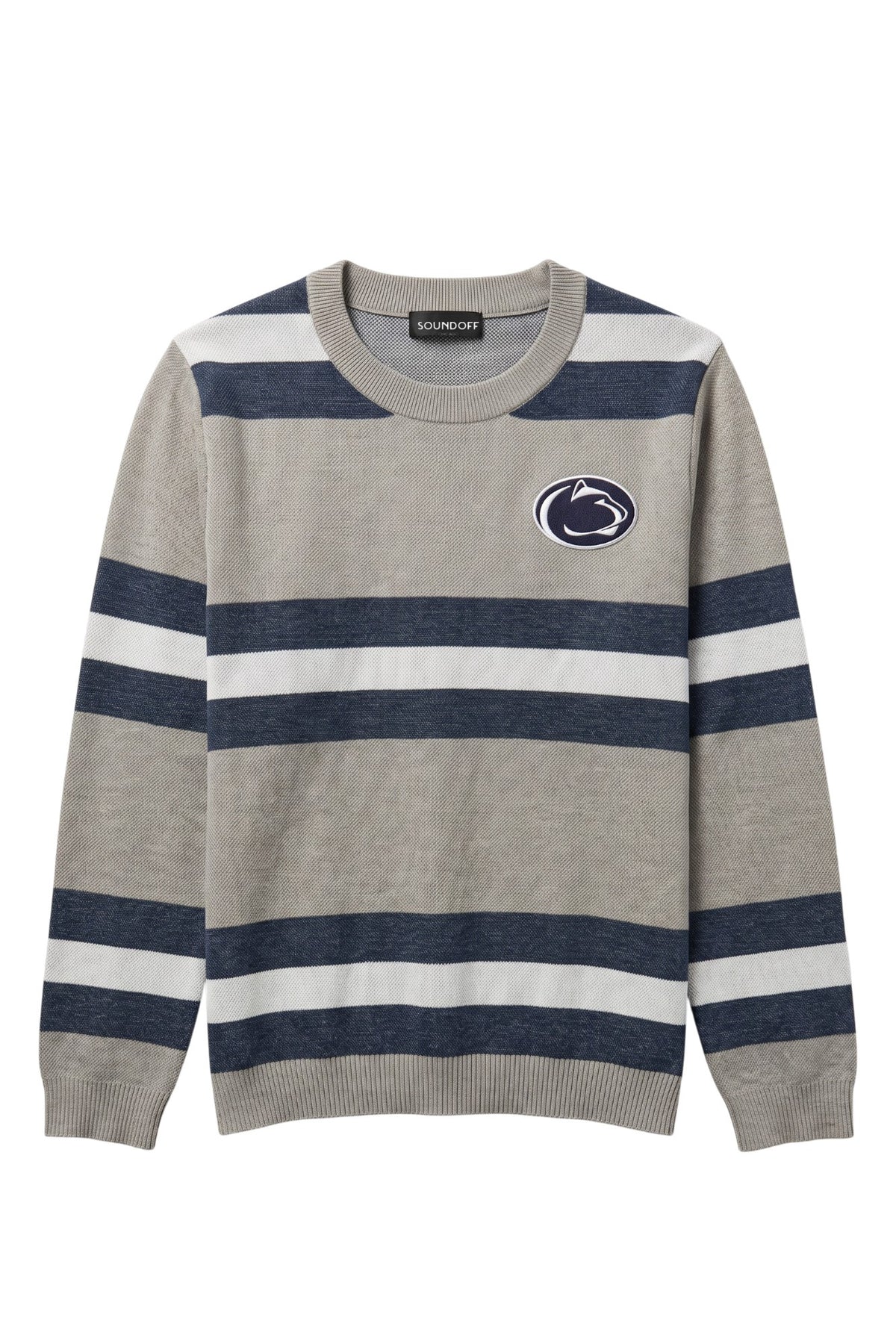 Penn State University Nittany Lion logo embroidered iron-on crest patch in blue and white sewn onto left chest of light grey classic crewneck knit sweater with navy and white rugby stripes.