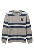 Penn State University Nittany Lion logo embroidered iron-on crest patch in blue and white sewn onto left chest of light grey classic crewneck knit sweater with navy and white rugby stripes.