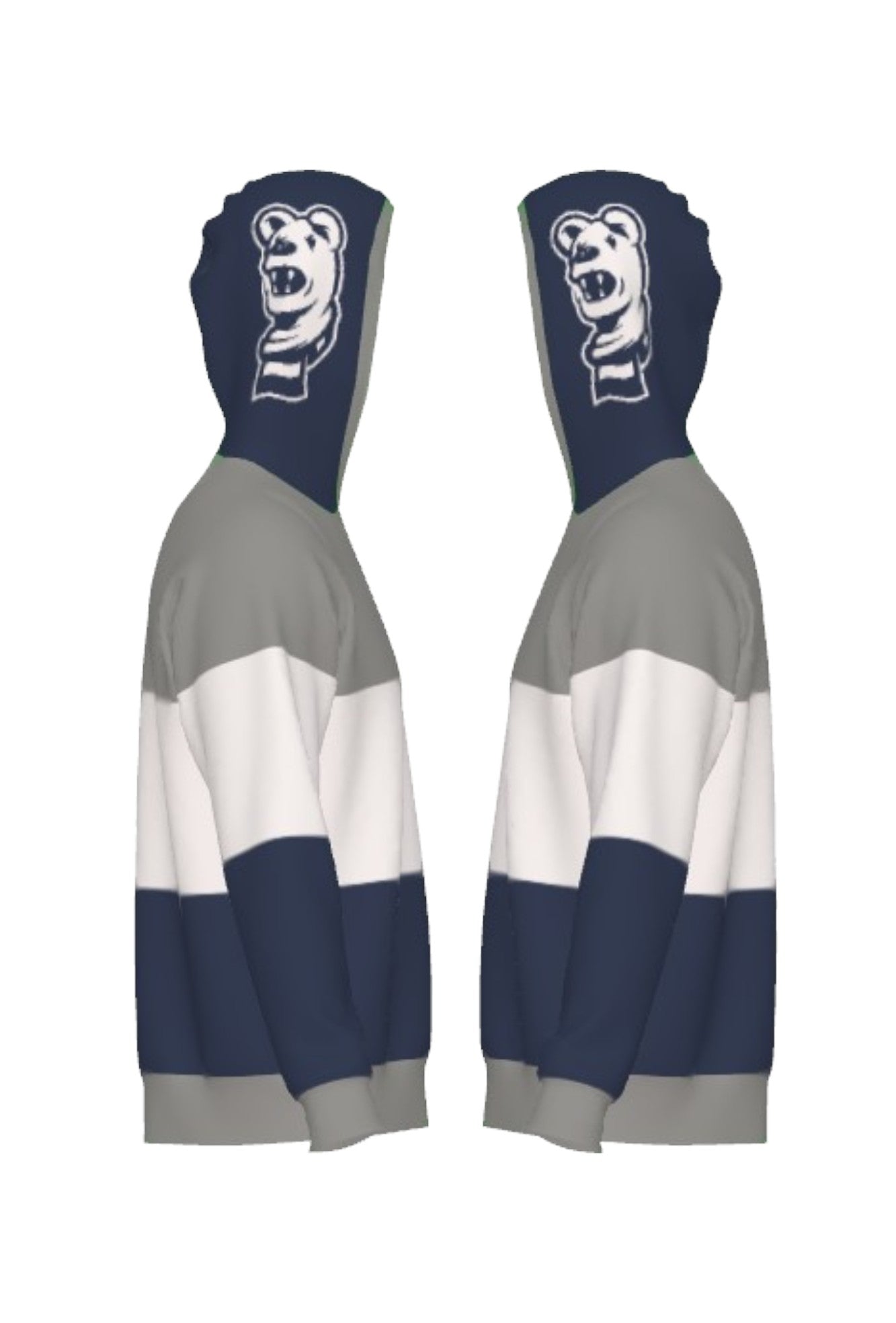 Penn State University Varsity Tri Stripe Hooded Knit Sweater in grey, white and navy blue with embroidered Nittany Lion crest patch and Nittany Lion Mascot head on the hood by SOUNDOFF - side