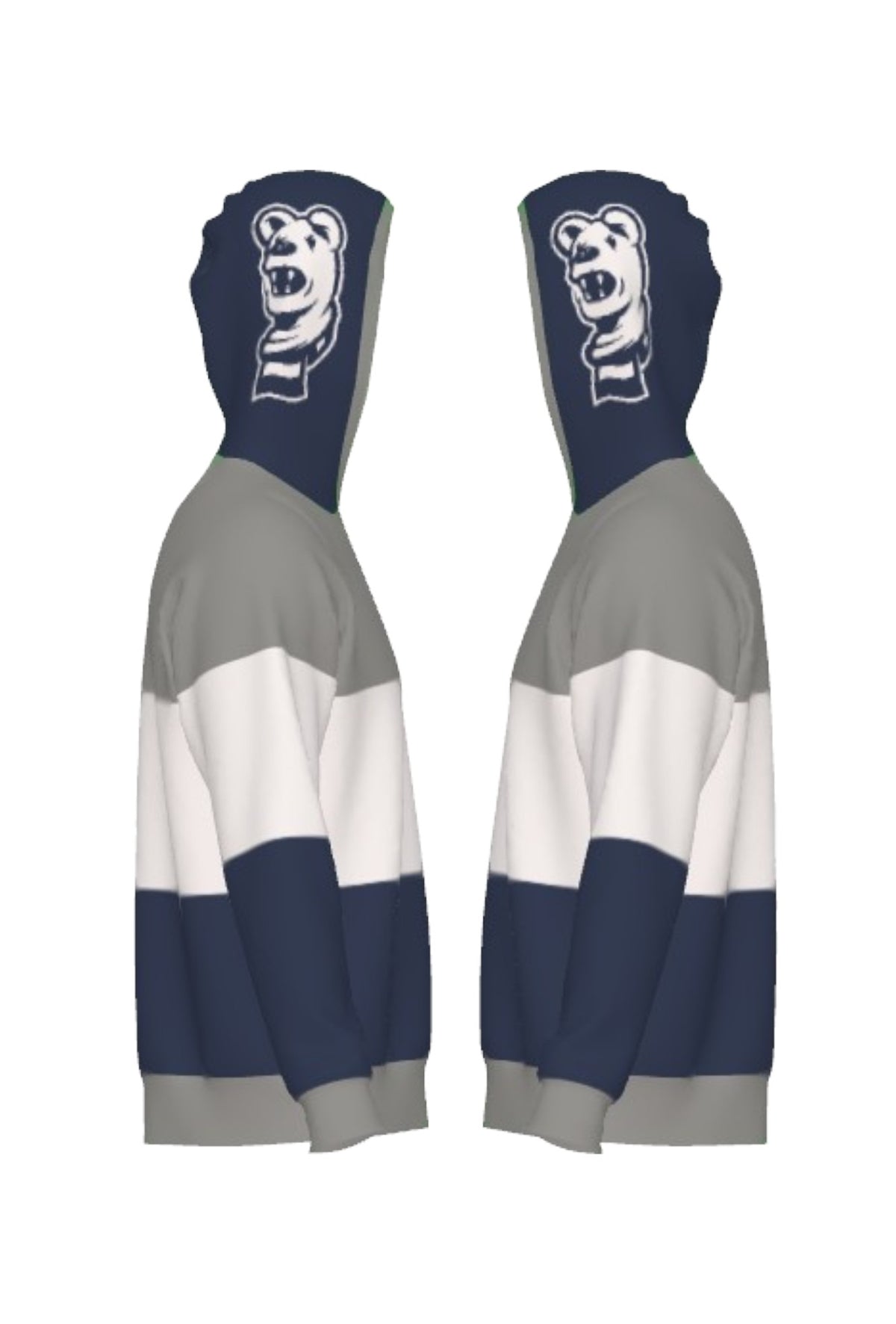 Penn State University Varsity Tri Stripe Hooded Knit Sweater in grey, white and navy blue with embroidered Nittany Lion crest patch and Nittany Lion Mascot head on the hood by SOUNDOFF - side