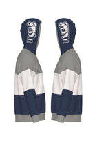 Penn State University Varsity Tri Stripe Hooded Knit Sweater in grey, white and navy blue with embroidered Nittany Lion crest patch and Nittany Lion Mascot head on the hood by SOUNDOFF - side