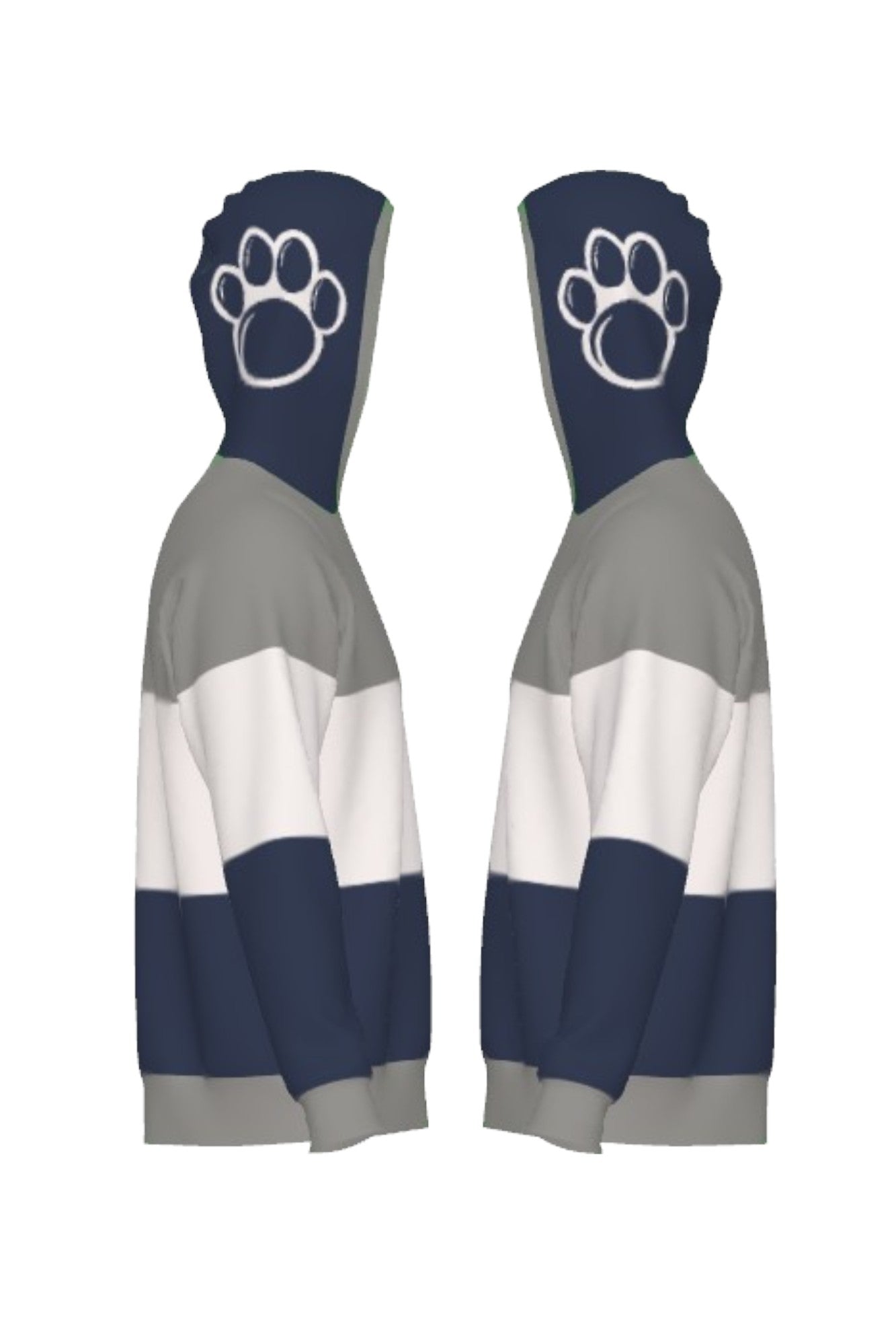 Penn State University Varsity Tri Stripe Hooded Knit Sweater in grey, white and navy blue with embroidered Nittany Lion crest patch and Nittany Lion Paw Print on the hood by SOUNDOFF - side