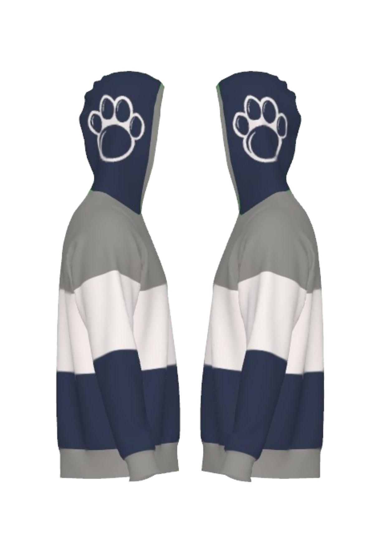 Penn State University Varsity Tri Stripe Hooded Knit Sweater in grey, white and navy blue with embroidered Nittany Lion crest patch and Nittany Lion Paw Print on the hood by SOUNDOFF - side