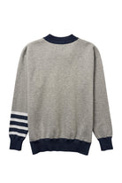 Penn State University Letterman Band Cardigan Knit Sweater in grey with navy trim and navy and white forearm stripes, featuring Nittany Lion Shield knitted into the sweater BACK