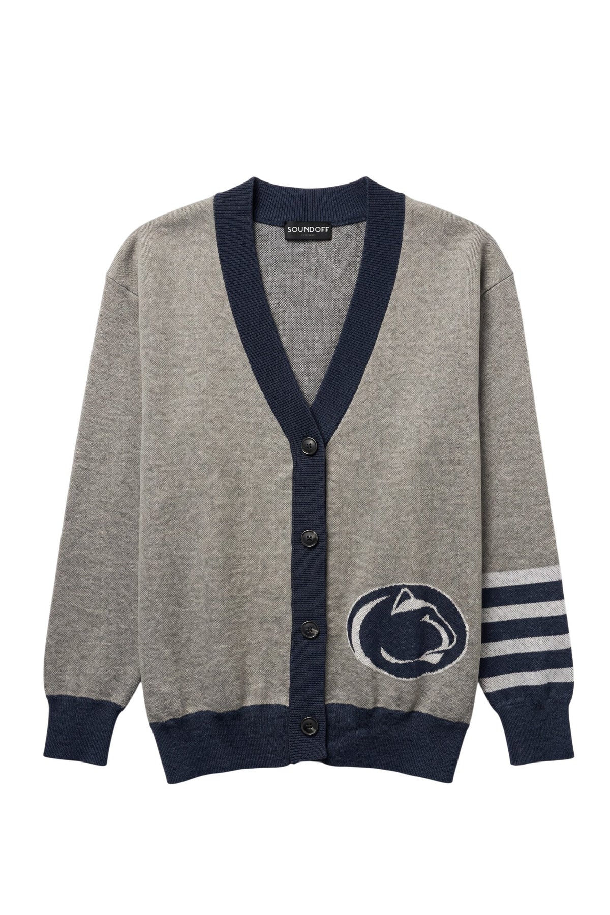 Penn State University Letterman Band Cardigan Knit Sweater in grey with navy trim and navy and white forearm stripes, featuring Nittany Lion Shield knitted into the sweater FRONT