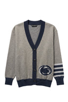 Penn State University Letterman Band Cardigan Knit Sweater in grey with navy trim and navy and white forearm stripes, featuring Nittany Lion Shield knitted into the sweater FRONT