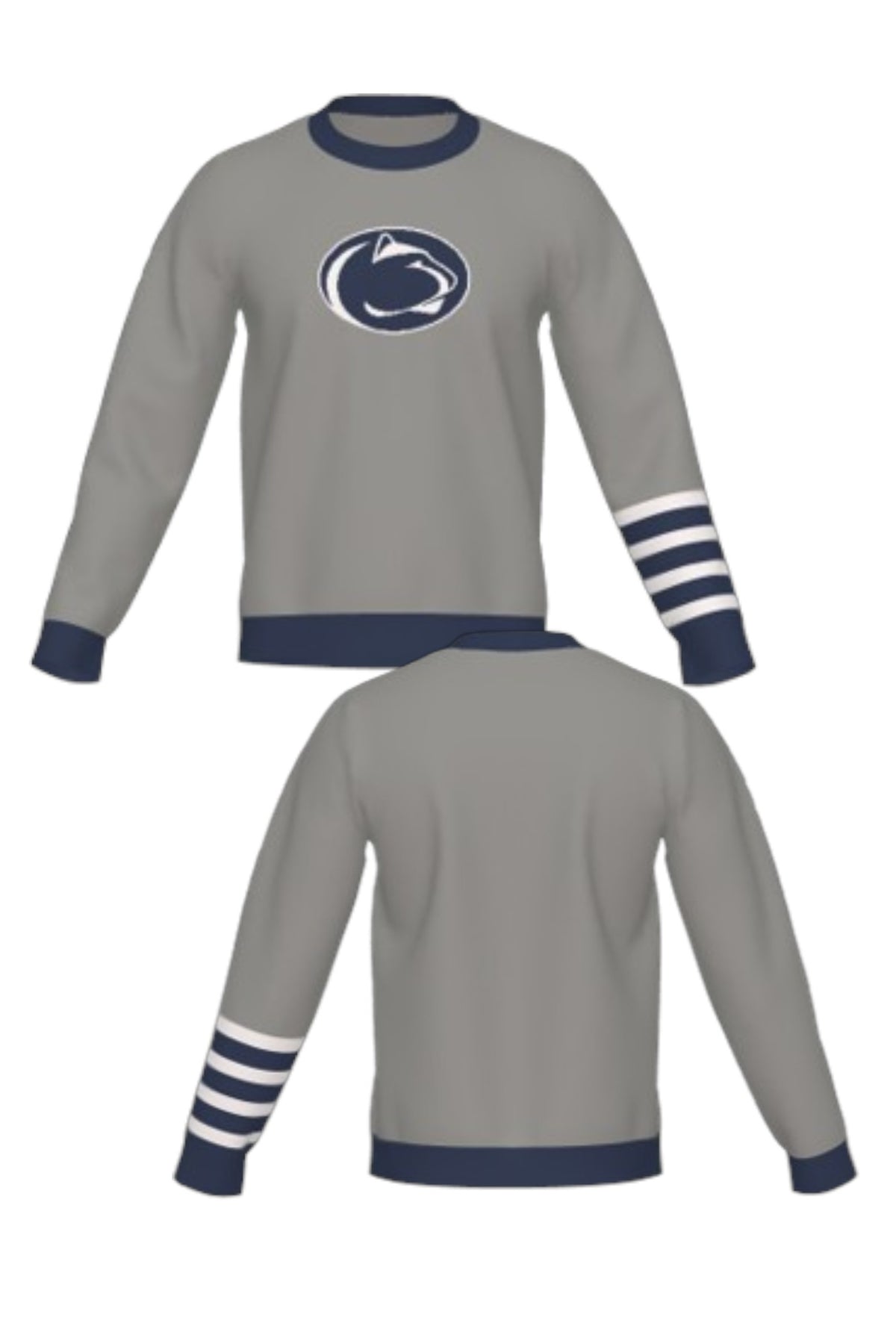 Penn State University Letterman Band Crew Neck Knit Sweater in grey with navy trim and navy and white forearm stripes, featuring Nittany Lion Shield knitted into the sweater FRONT and BACK