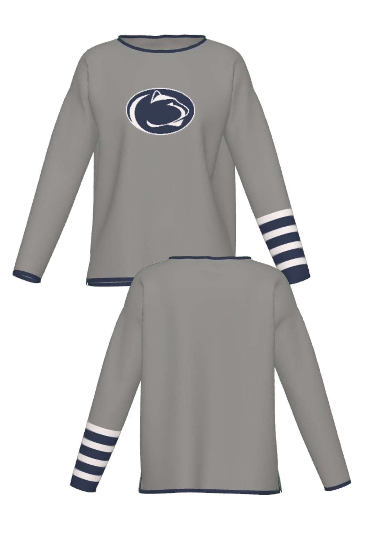 Penn State University Letterman Band Woman's Knit Sweater in grey with navy trim and navy and white forearm stripes, featuring Nittany Lion Shield knitted into the sweater FRONT and BACK