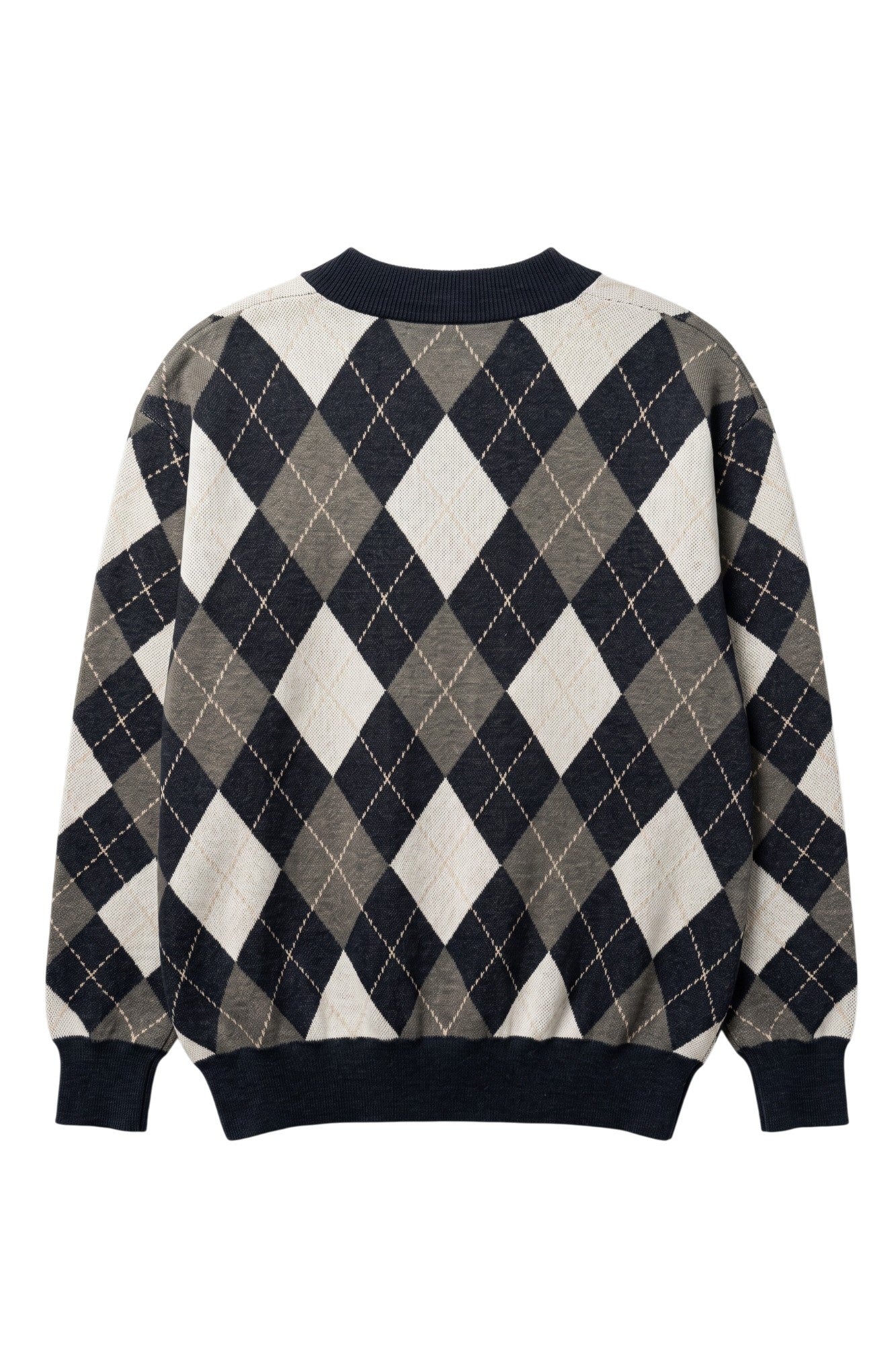 Penn State University Argyle cardigan knit sweater in navy, grey, white and beige with PSU knitted into the front, officially licensed Nittany Lions sweater BACK