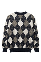 Penn State University Argyle cardigan knit sweater in navy, grey, white and beige with PSU knitted into the front, officially licensed Nittany Lions sweater BACK