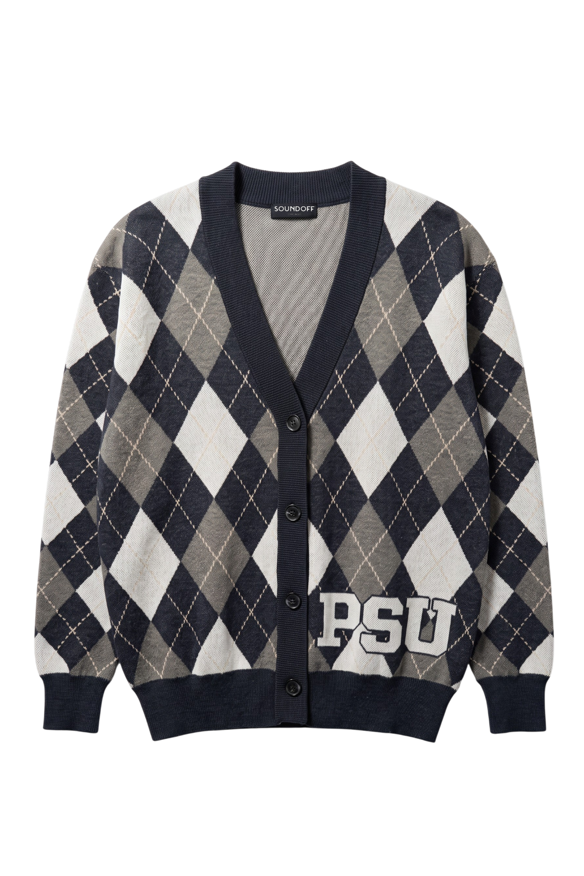 Penn State University Argyle cardigan knit sweater in navy, grey, white and beige with PSU knitted into the front, officially licensed Nittany Lions sweater FRONT