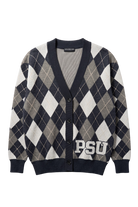 Penn State University Argyle cardigan knit sweater in navy, grey, white and beige with PSU knitted into the front, officially licensed Nittany Lions sweater FRONT
