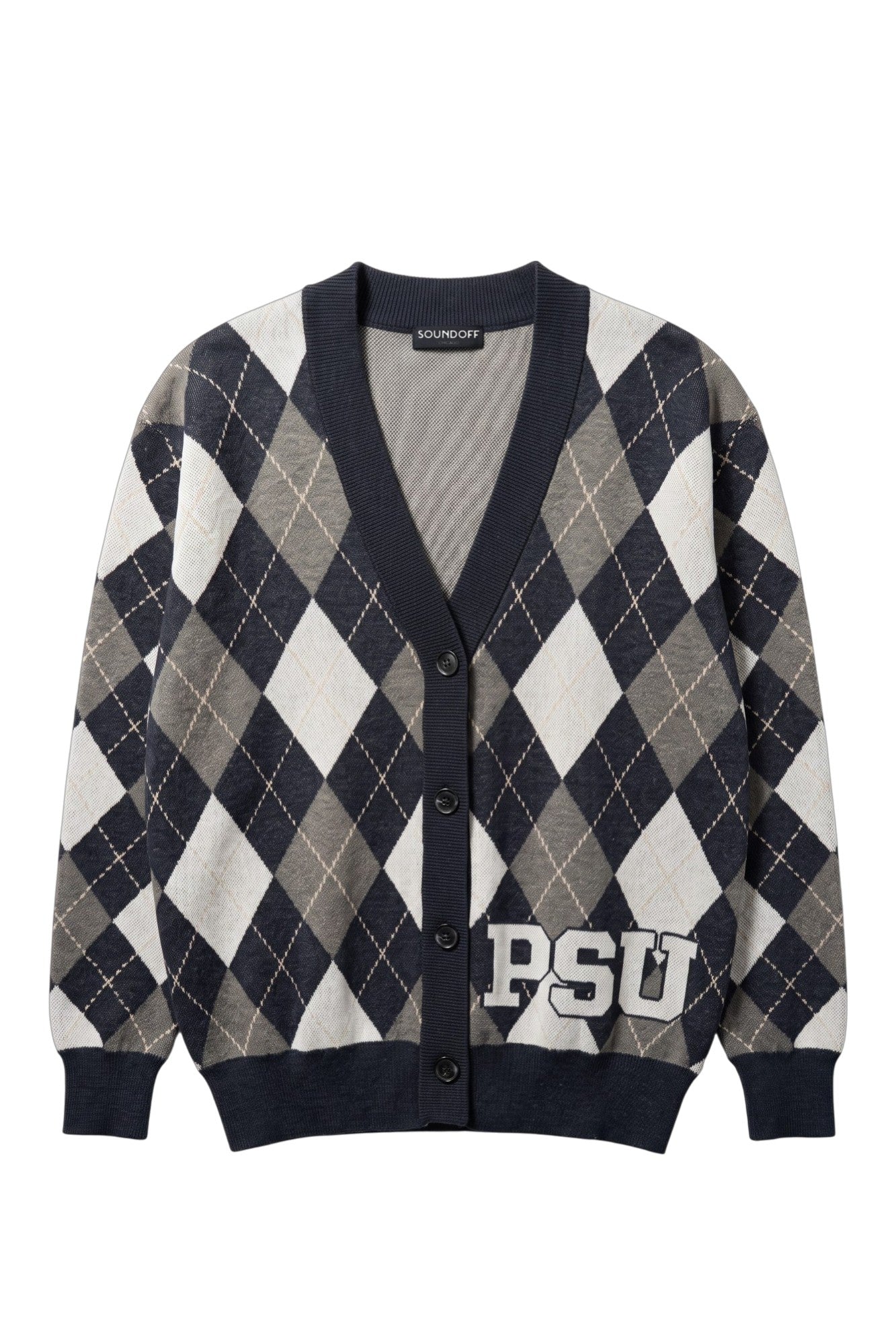 Penn State University Argyle cardigan knit sweater in navy, grey, white and beige with PSU knitted into the front, officially licensed Nittany Lions sweater FRONT