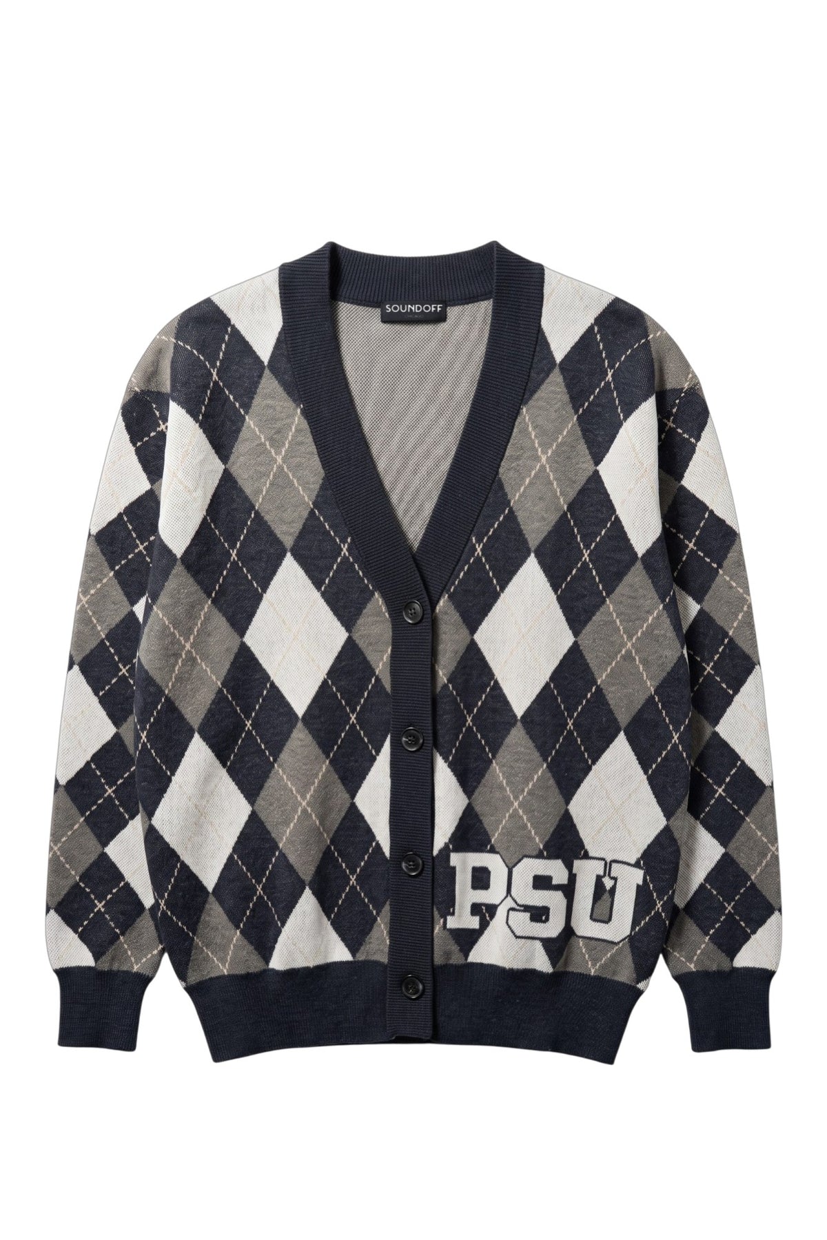 Penn State University Argyle cardigan knit sweater in navy, grey, white and beige with PSU knitted into the front, officially licensed Nittany Lions sweater FRONT