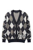 Penn State University Argyle cardigan knit sweater in navy, grey, white and beige with PSU knitted into the front, officially licensed Nittany Lions sweater FRONT