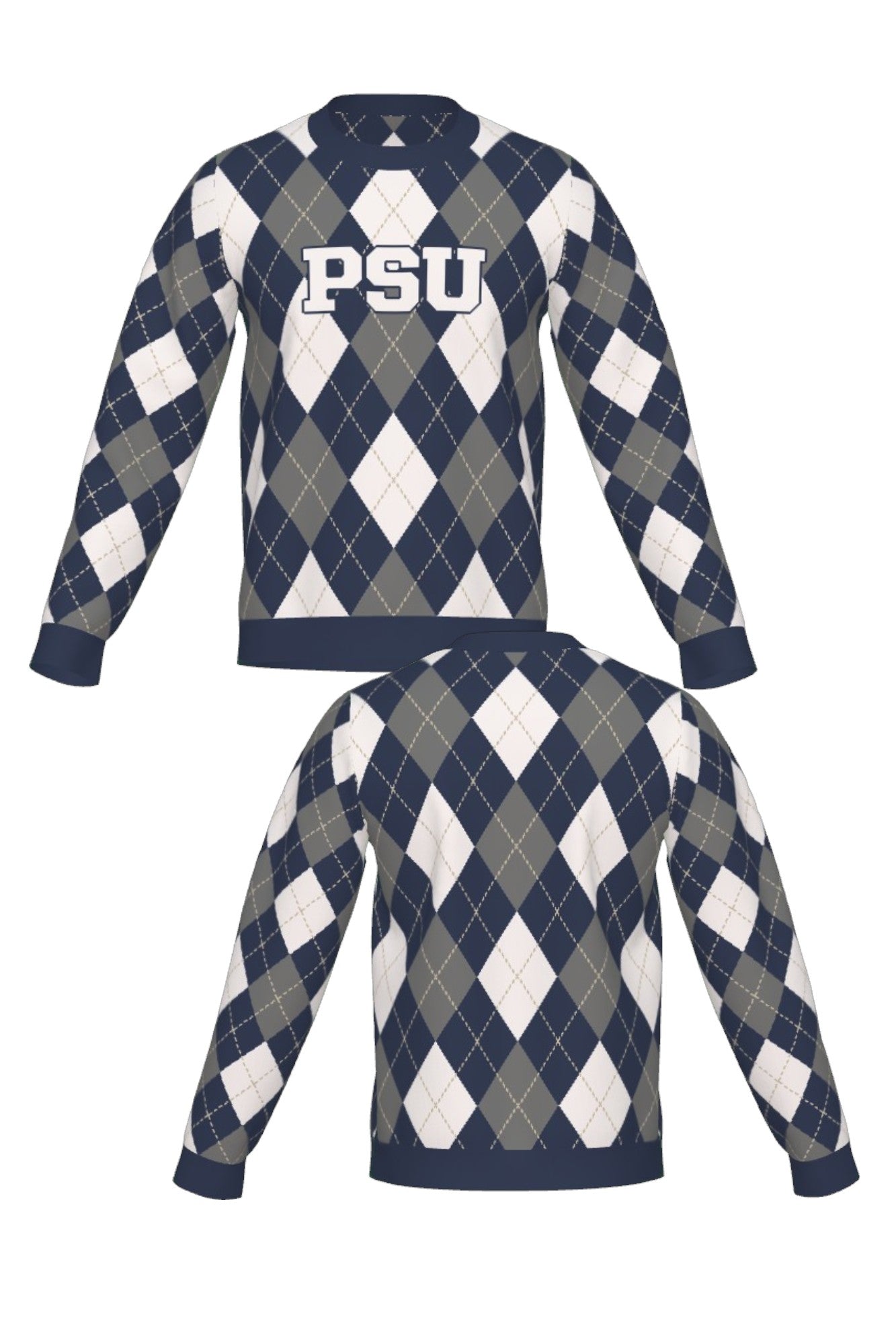 Penn State University Argyle crew neck knit sweater in navy, grey, white and beige with PSU knitted into the front, officially licensed Nittany Lions sweater FRONT and BACK