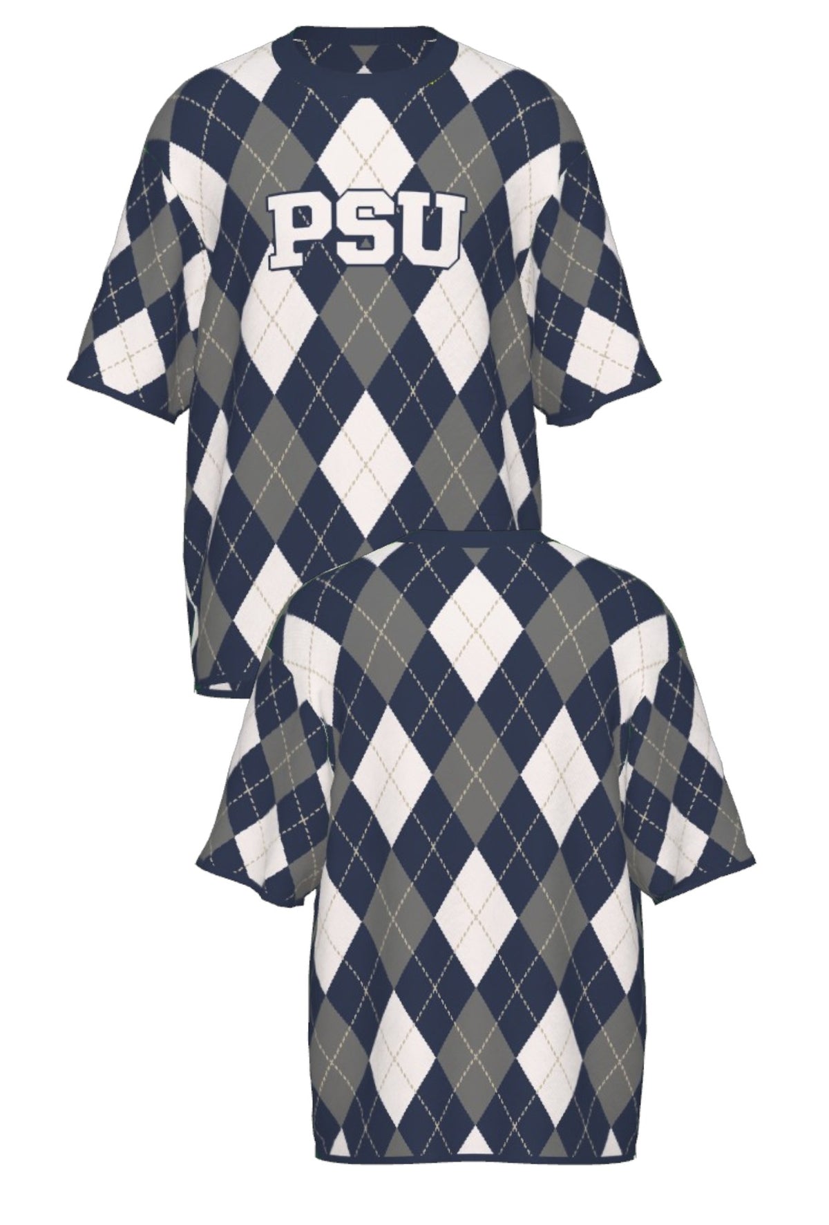 Penn State University Argyle short sleeve knit sweater in navy, grey, white and beige with PSU knitted into the front, officially licensed Nittany Lions sweater FRONT and BACK