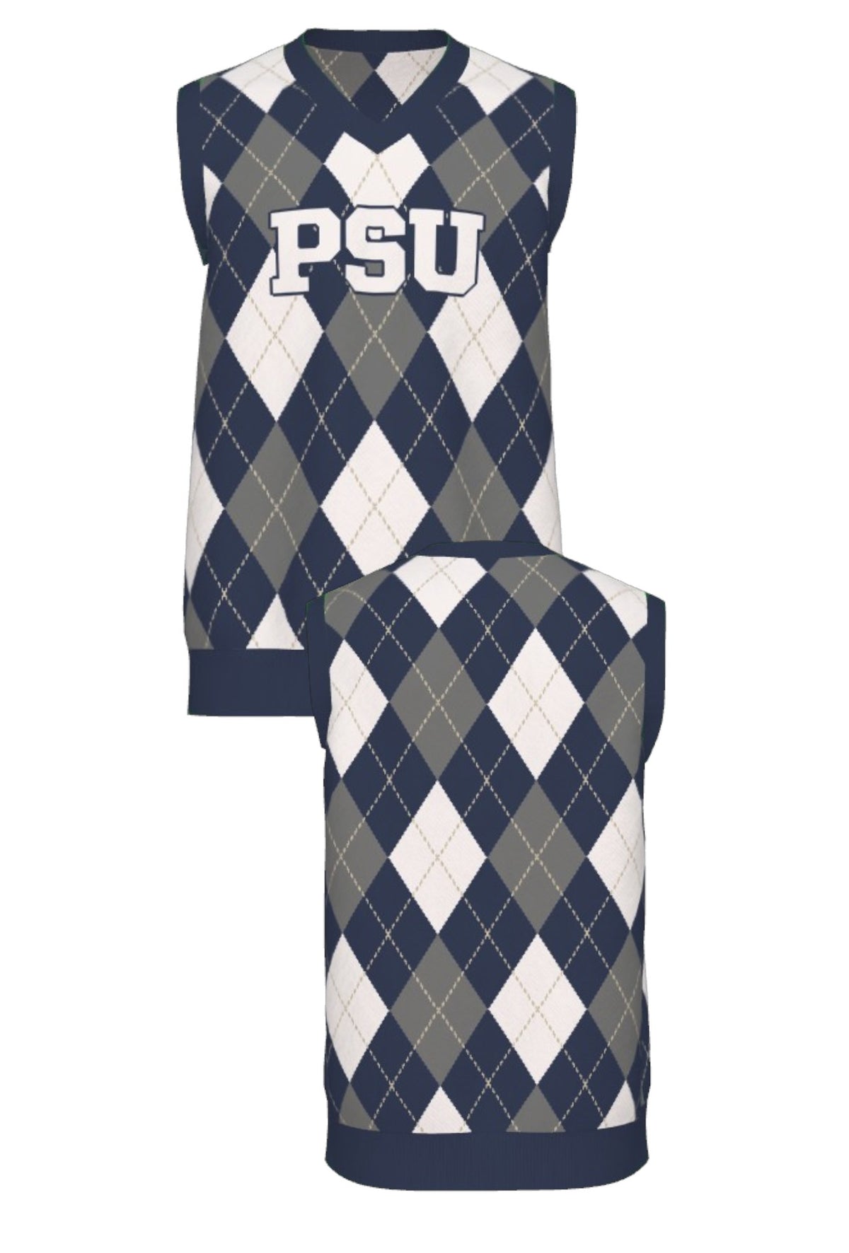 Penn State University Argyle sleeveless v-neck knit sweater in navy, grey, white and beige with PSU knitted into the front, officially licensed Nittany Lions sweater FRONT and BACK