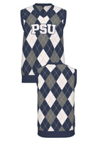 Penn State University Argyle sleeveless v-neck knit sweater in navy, grey, white and beige with PSU knitted into the front, officially licensed Nittany Lions sweater FRONT and BACK