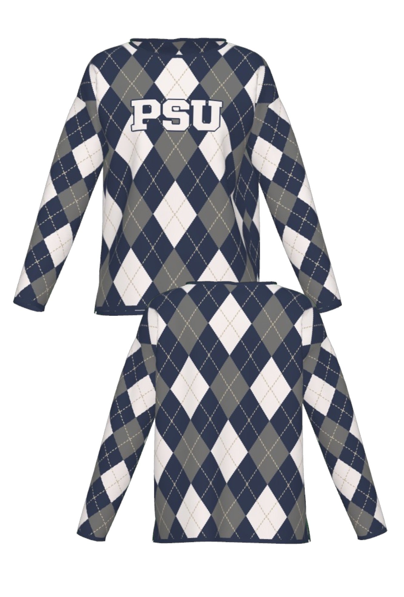 Penn State University Argyle women's knit sweater in navy, grey, white and beige with PSU knitted into the front, officially licensed Nittany Lions sweater FRONT and BACK