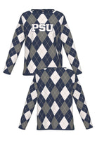 Penn State University Argyle women's knit sweater in navy, grey, white and beige with PSU knitted into the front, officially licensed Nittany Lions sweater FRONT and BACK