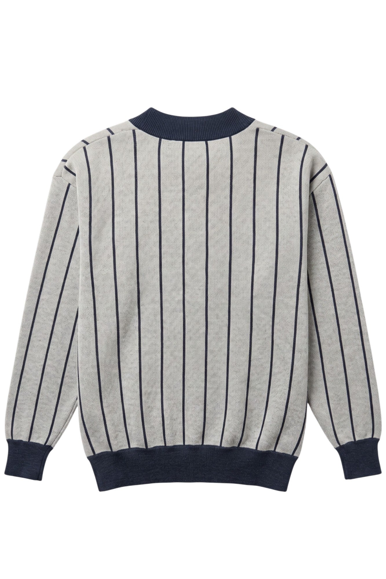 Penn State University Heritage Pinstripe Cardigan Knit Sweater in grey with navy trim and navy pinstripes, designed for Penn State patch customization BACK