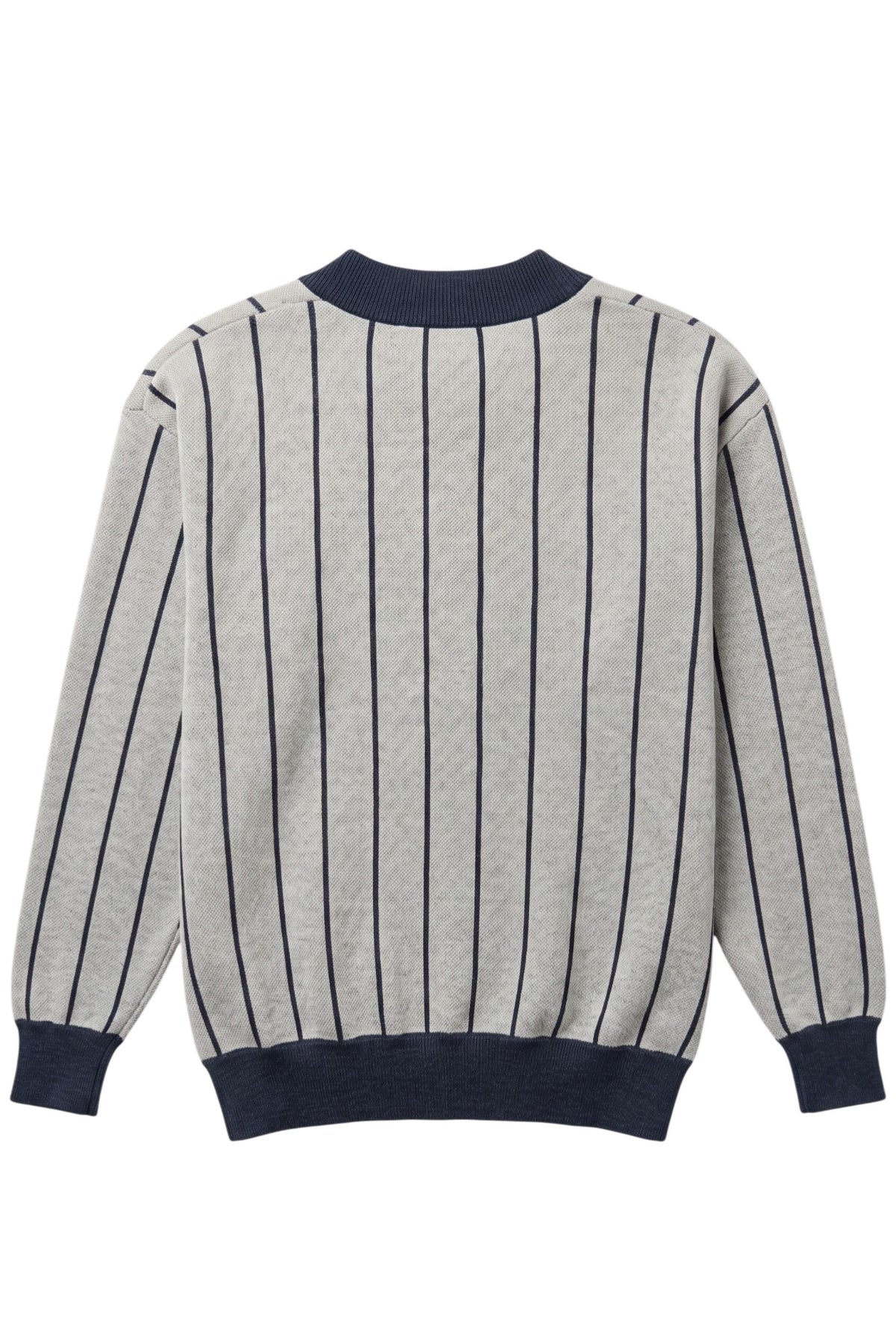 Penn State University Heritage Pinstripe Cardigan Knit Sweater in grey with navy trim and navy pinstripes, vintage baseball-inspired collegiate sweater BACK