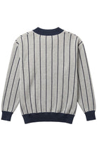 Penn State University Heritage Pinstripe Cardigan Knit Sweater in grey with navy trim and navy pinstripes, vintage baseball-inspired collegiate sweater BACK