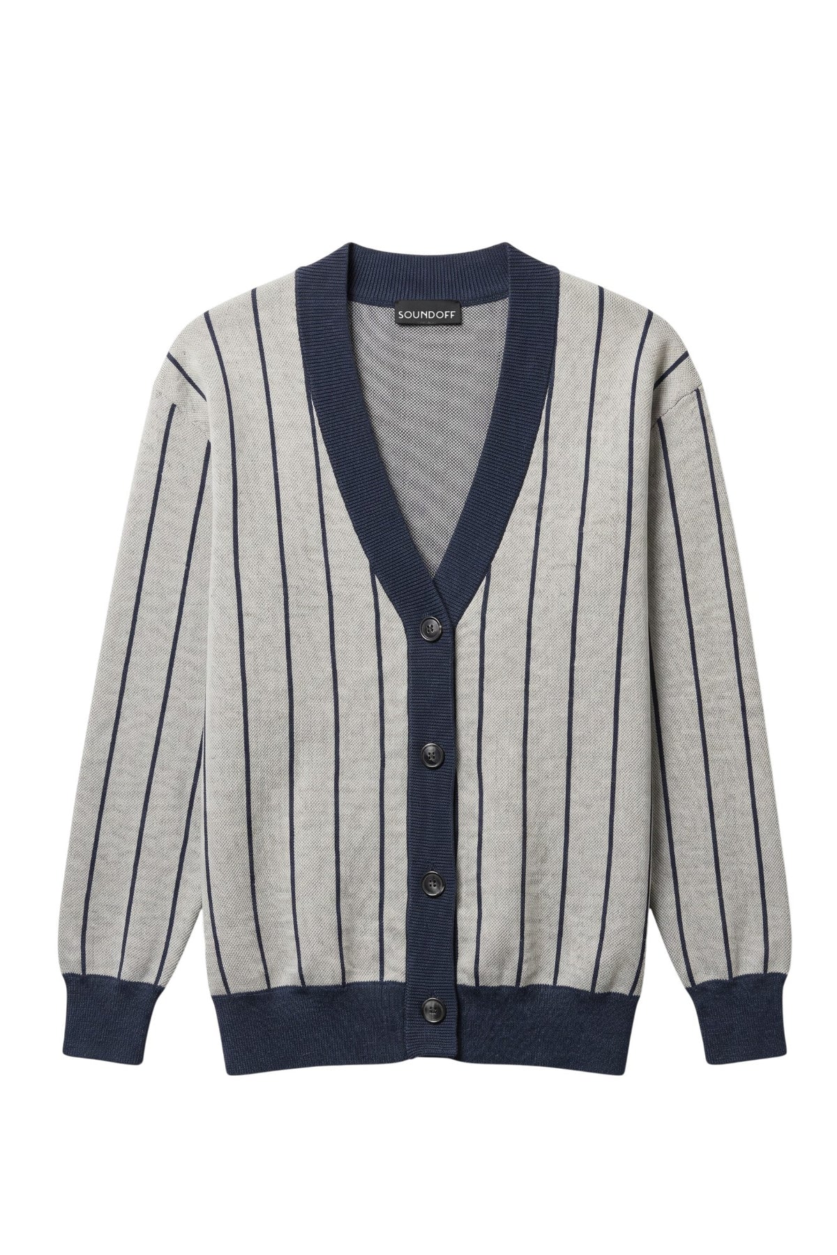 Penn State University Heritage Pinstripe Cardigan Knit Sweater in grey with navy trim and navy pinstripes, vintage baseball-inspired collegiate sweater FRONT